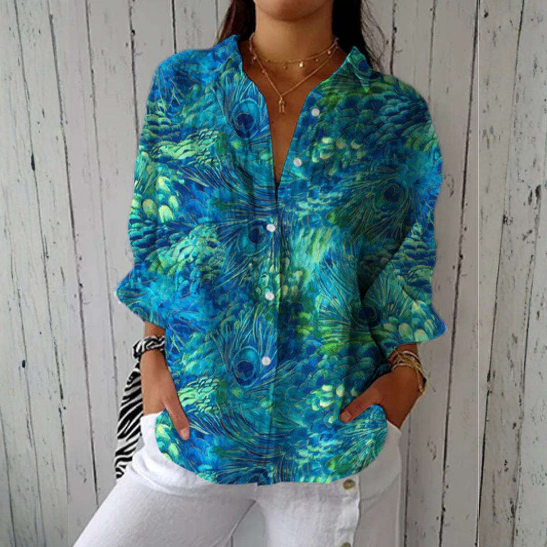 Diana | Blusa con Estampado de Pavo Real, Elegante