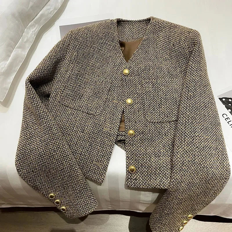 Gina | Chaqueta Corta sin Cuello con Botones Dorados, Chic