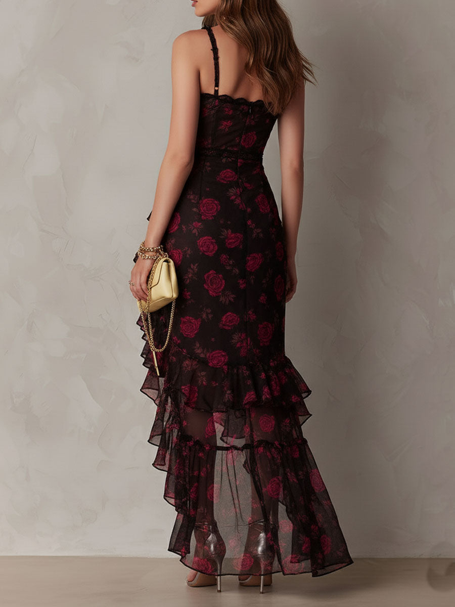 Rocío | Vestido Floral Negro y Rojo con Fruncido y Volantes, Boho Chic