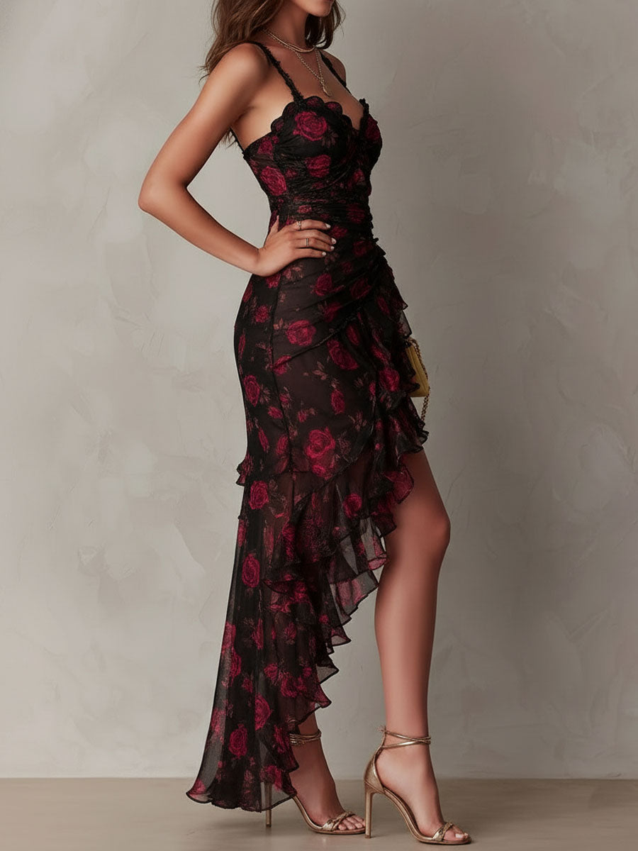 Rocío | Vestido Floral Negro y Rojo con Fruncido y Volantes, Boho Chic