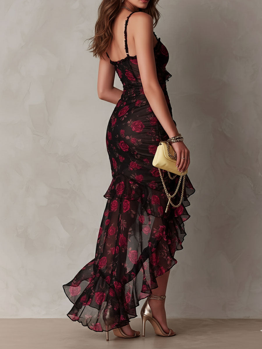 Rocío | Vestido Floral Negro y Rojo con Fruncido y Volantes, Boho Chic
