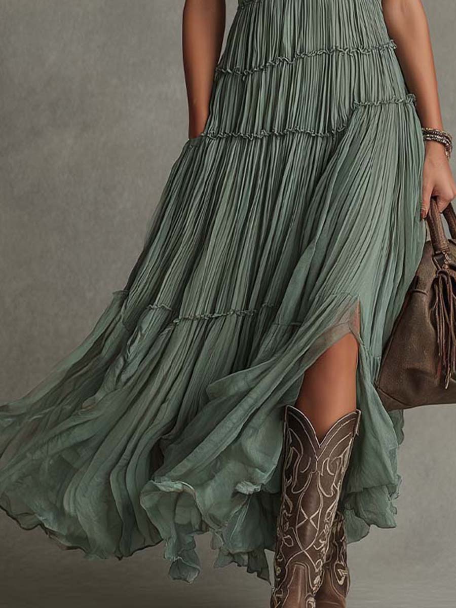 Ava | Vestido Maxi con Escote en V Fruncido, Ligero y Elegante