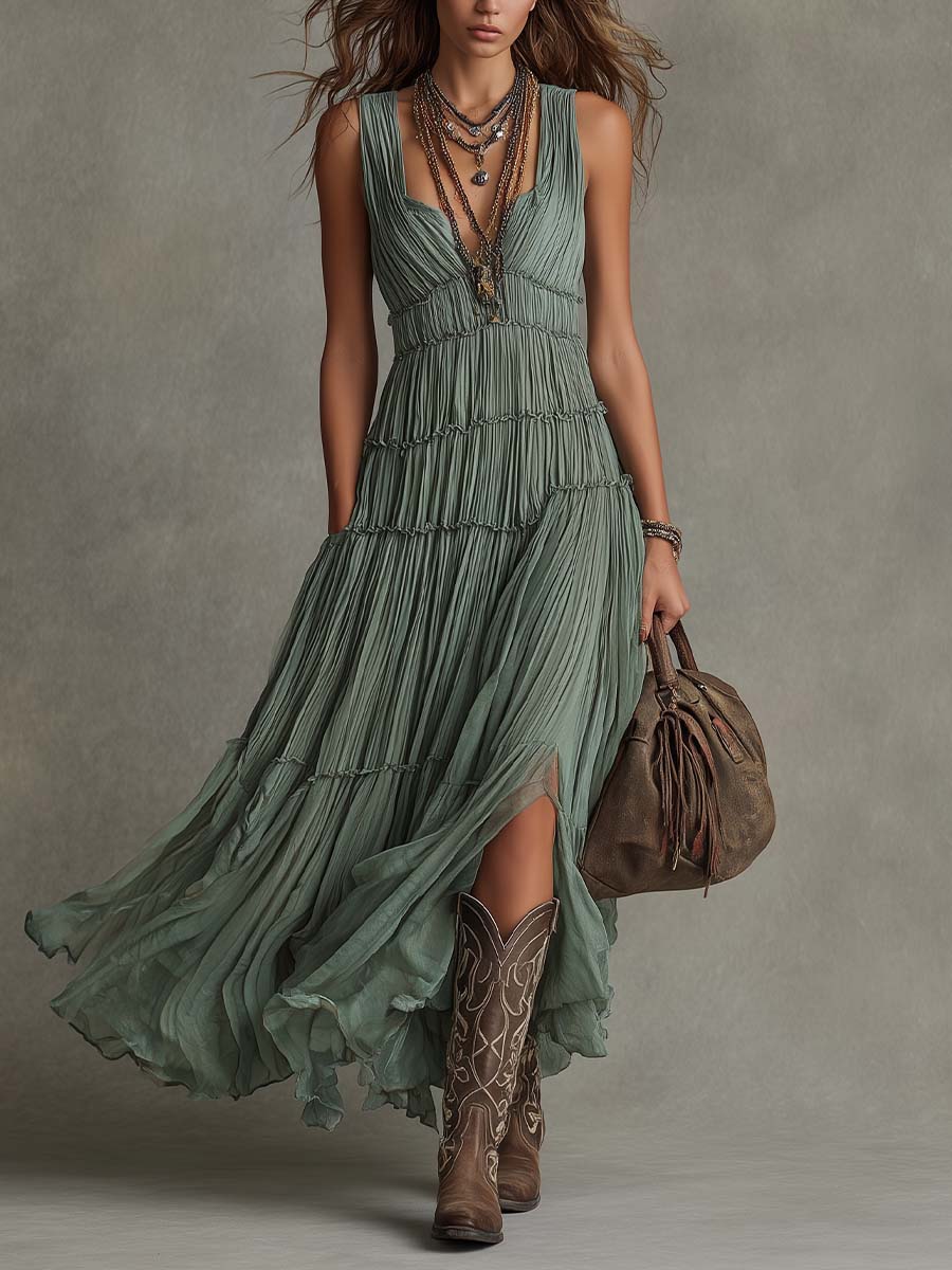Ava | Vestido Maxi con Escote en V Fruncido, Ligero y Elegante