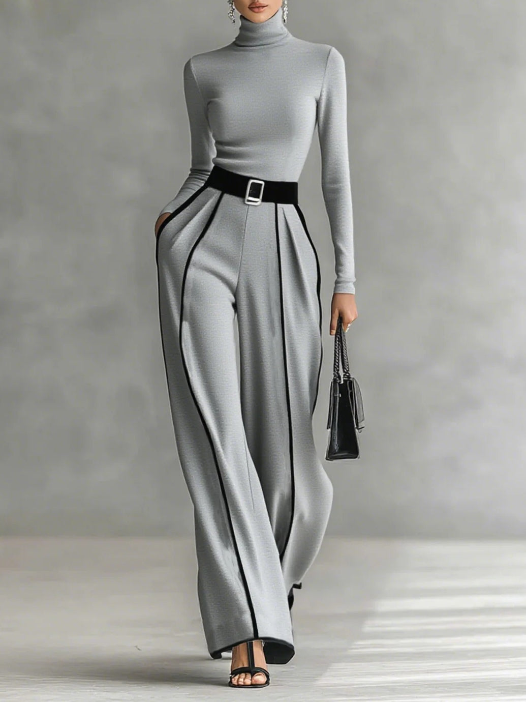 Léa | Conjunto de Top de Cuello Alto y Pantalón Ancho con Cinturón, Elegante