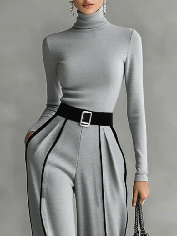 Léa | Conjunto de Top de Cuello Alto y Pantalón Ancho con Cinturón, Elegante