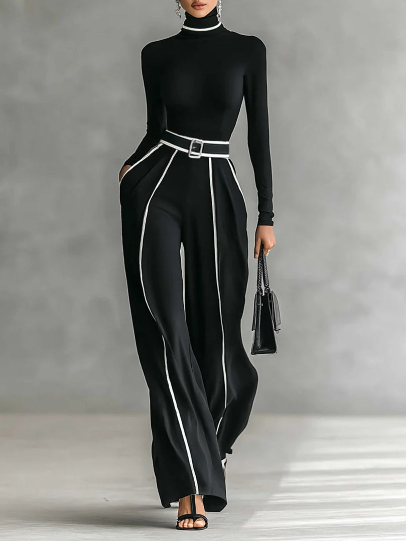 Léa | Conjunto de Top de Cuello Alto y Pantalón Ancho con Cinturón, Elegante