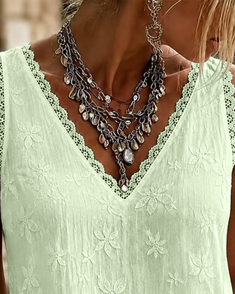 Agneta | Camiseta sin Mangas con Encaje y Cuello en V, Delicada