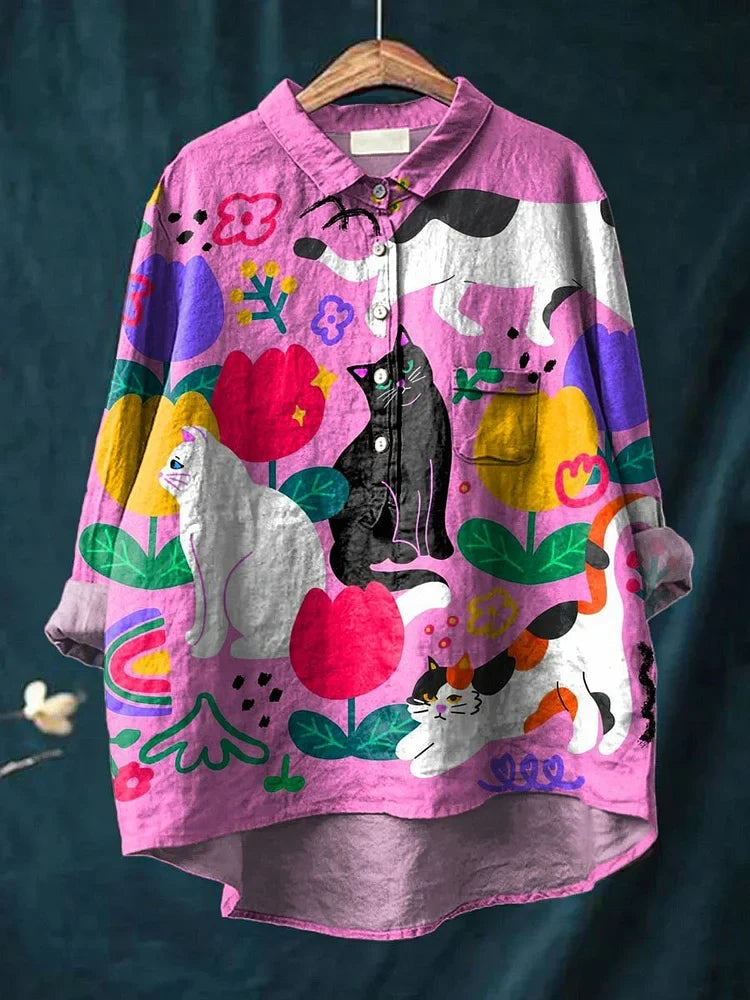 Úrsula | Camisa con Estampado Artístico de Gatos, Original