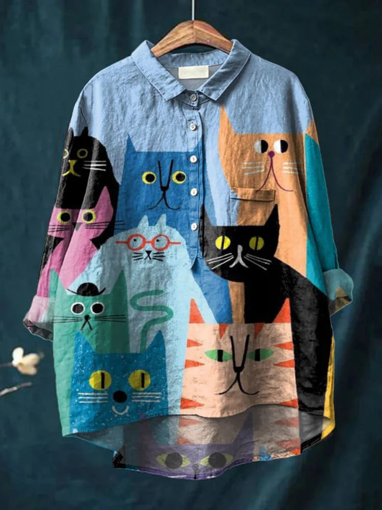 Blanca | Camisa Multicolor con Estampado de Gatos, Alegre