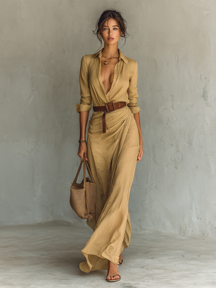 Paula | Vestido Maxi con Cuello Solapa, Manga Larga y Cinturón Incluido