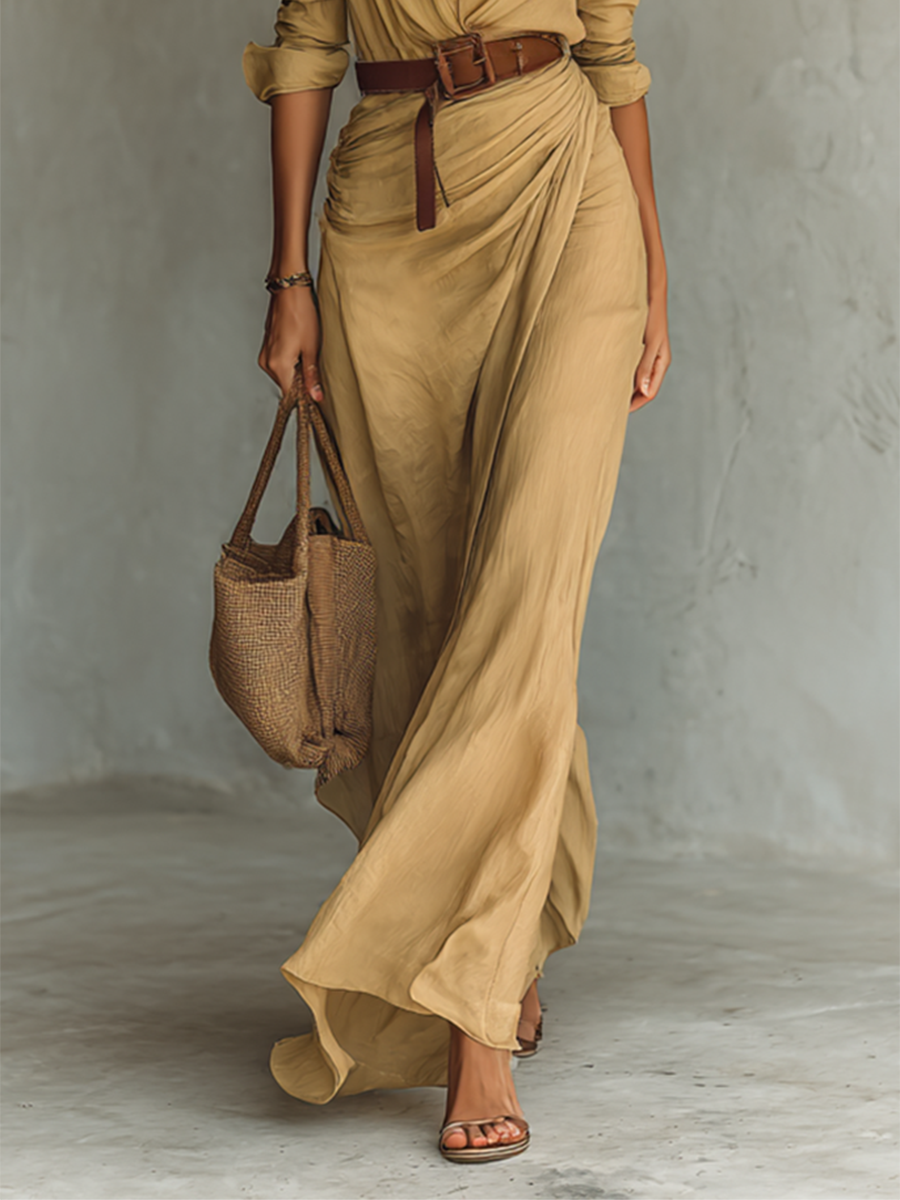 Paula | Vestido Maxi con Cuello Solapa, Manga Larga y Cinturón Incluido