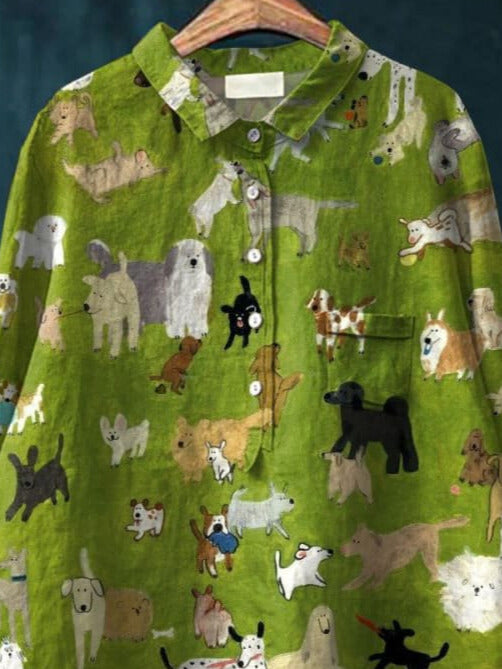 Bárbara | Camisa Verde con Estampado Artístico de Perros, Simpática