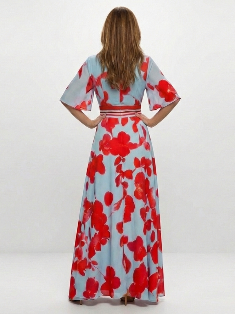 Rosalba | Vestido Maxi Floral con Escote en V y Manga Corta, Alegre