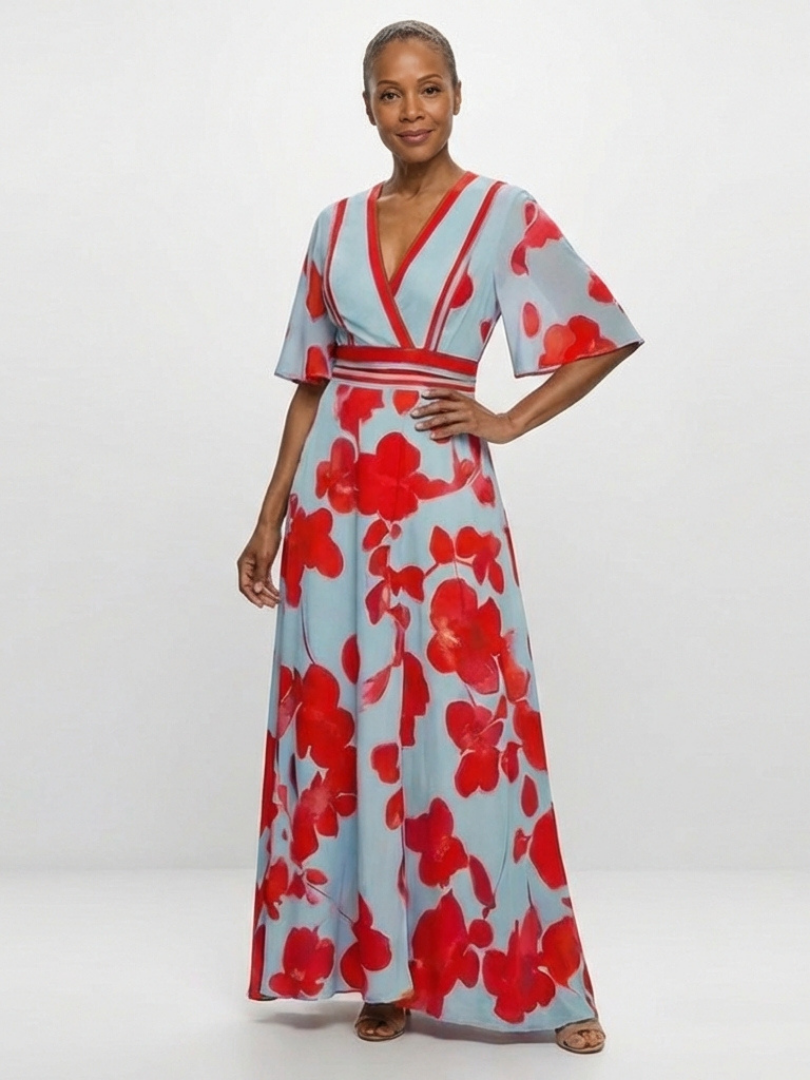Rosalba | Vestido Maxi Floral con Escote en V y Manga Corta, Alegre