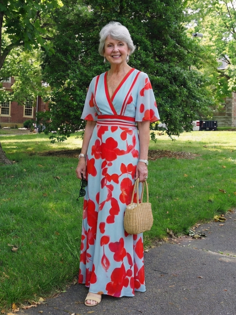 Rosalba | Vestido Maxi Floral con Escote en V y Manga Corta, Alegre