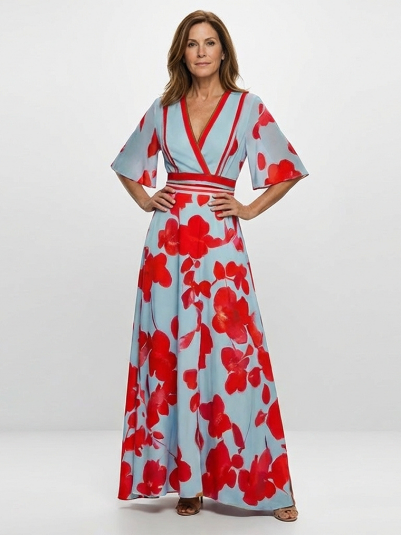 Rosalba | Vestido Maxi Floral con Escote en V y Manga Corta, Alegre