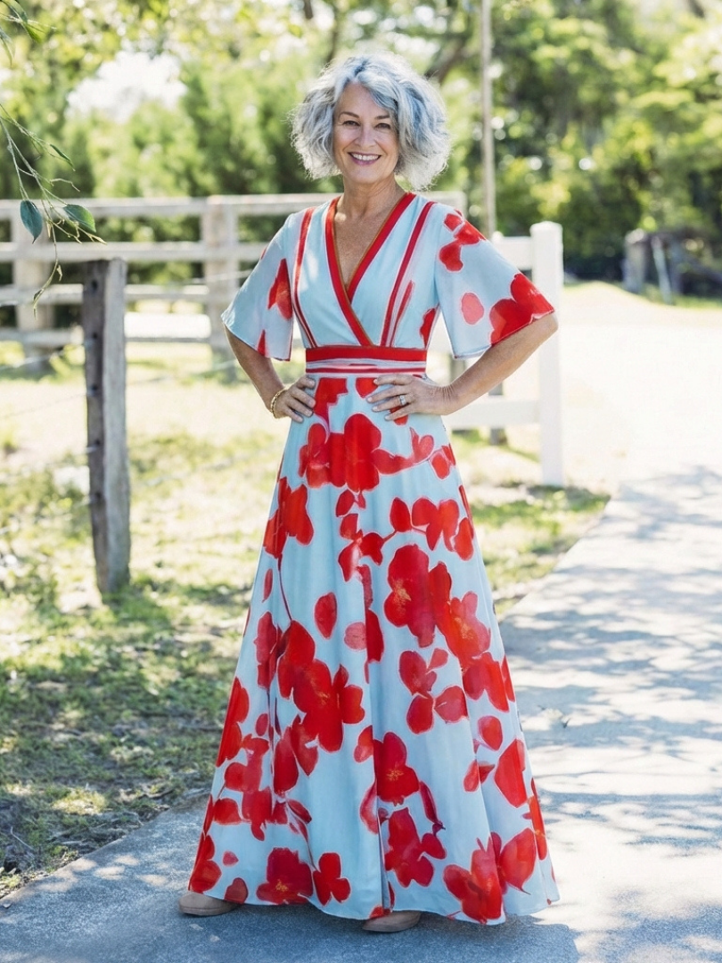 Rosalba | Vestido Maxi Floral con Escote en V y Manga Corta, Alegre