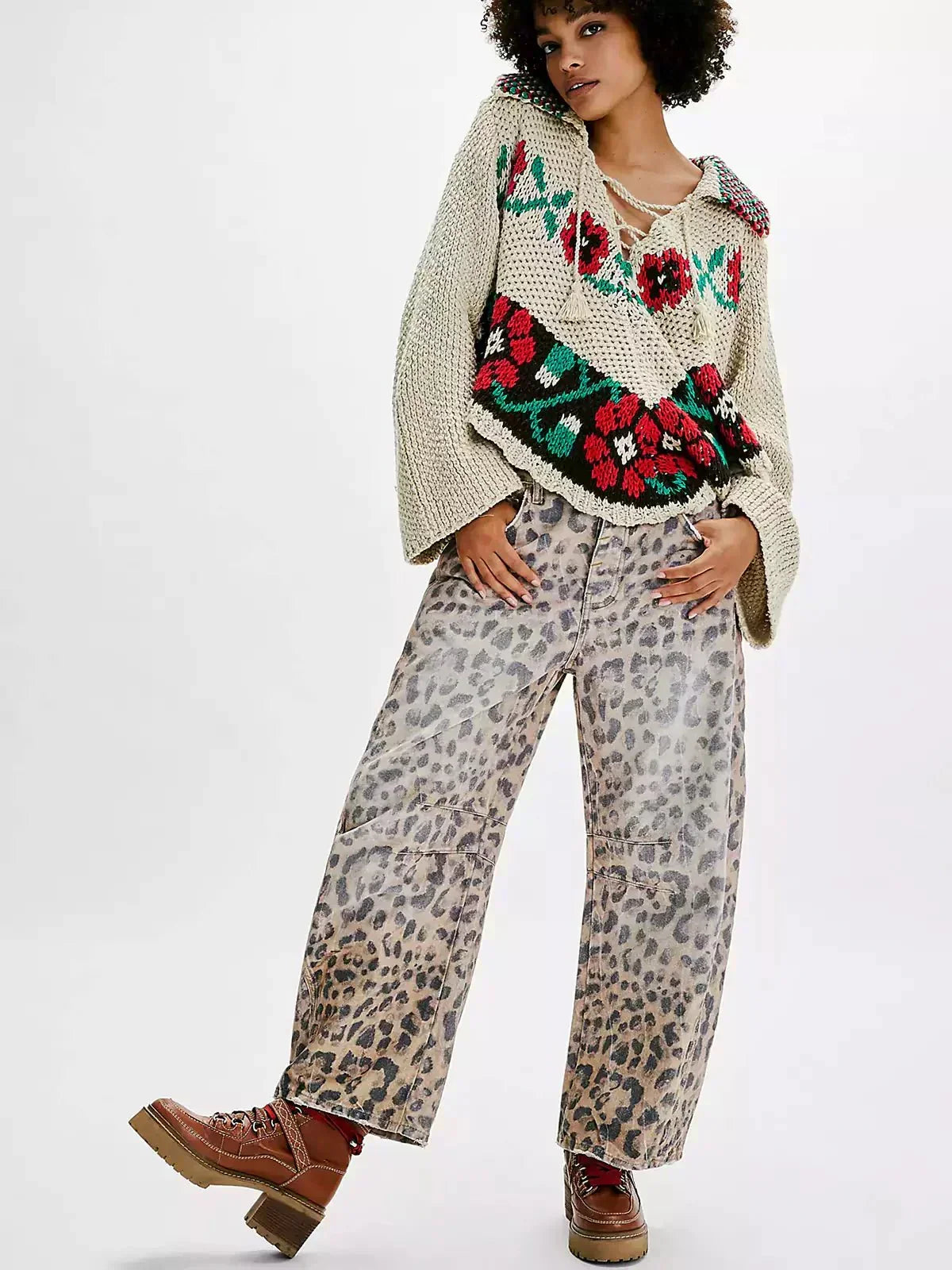 Natalia | Vaqueros Baggy de Pierna Ancha con Estampado de Leopardo, Atrevido