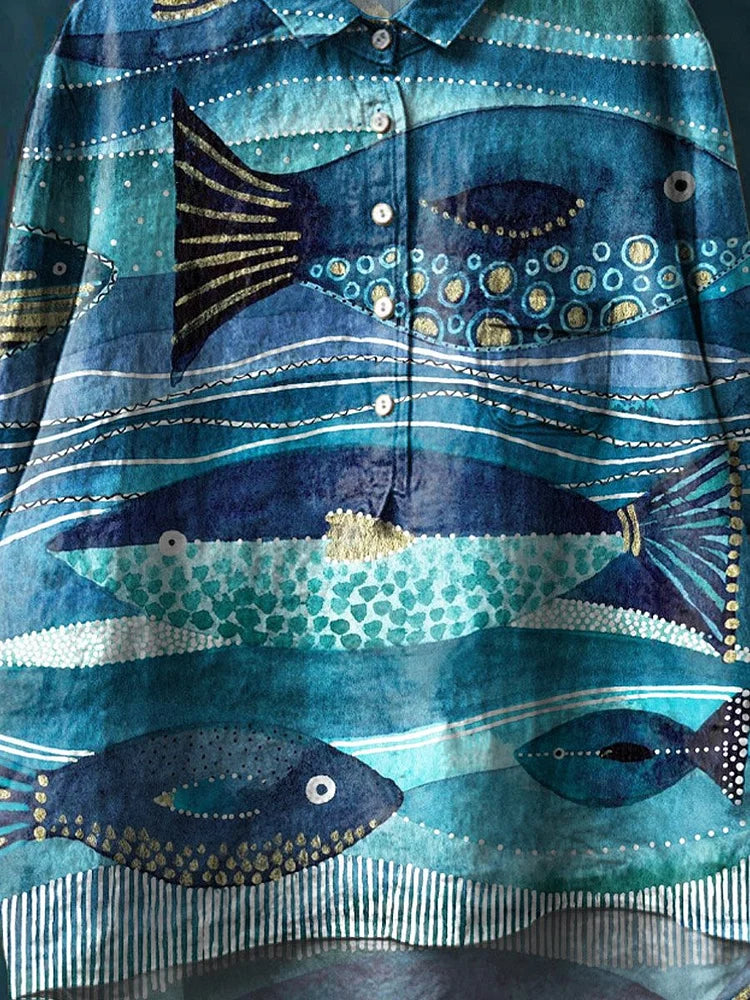 Jade | Camisa con Estampado Artístico del Océano, Fresca