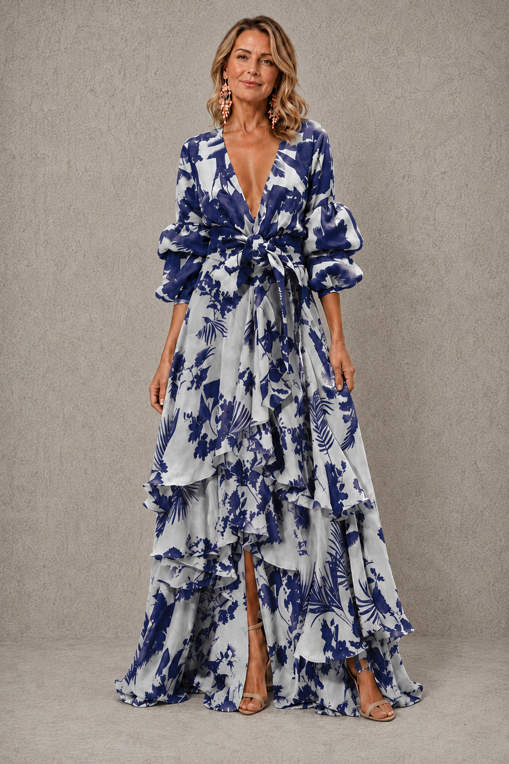 Vega | Vestido Maxi de Volantes con Cinturón de Lazo y Mangas Abullonadas