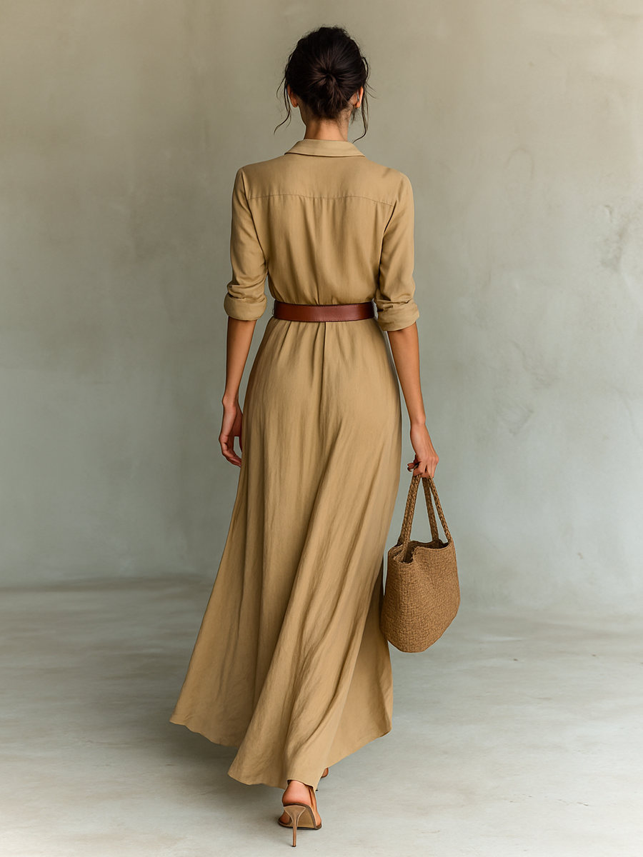 Paula | Vestido Maxi con Cuello Solapa, Manga Larga y Cinturón Incluido