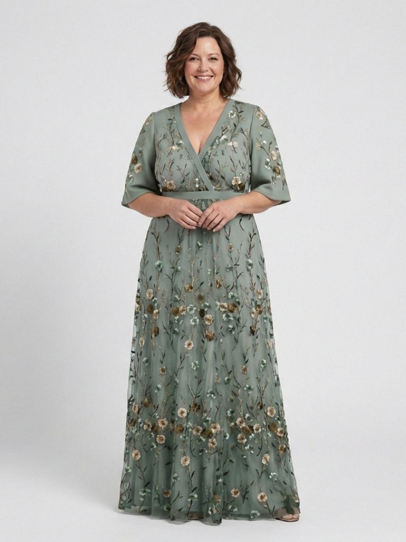 Gala | Vestido Maxi Floral de Tul con Escote en V y Mangas Transparentes