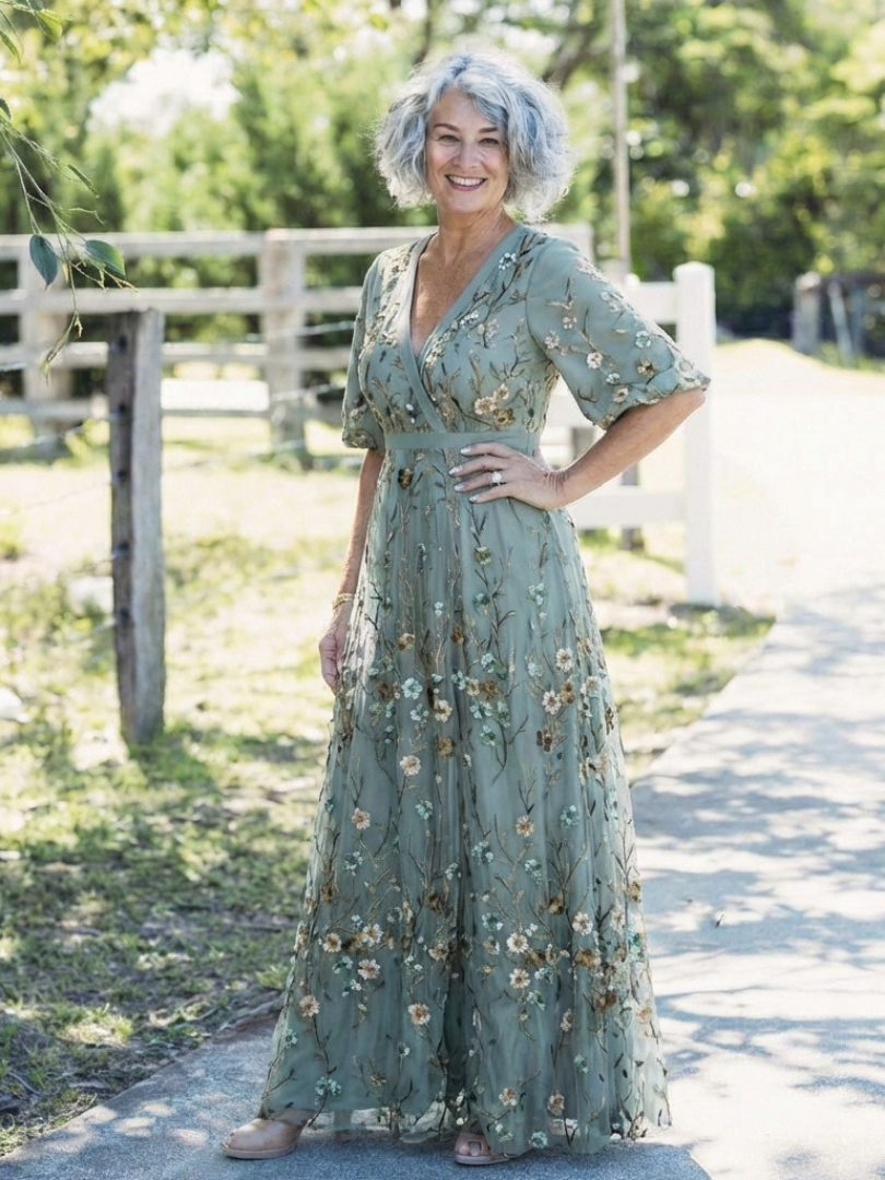Gala | Vestido Maxi Floral de Tul con Escote en V y Mangas Transparentes