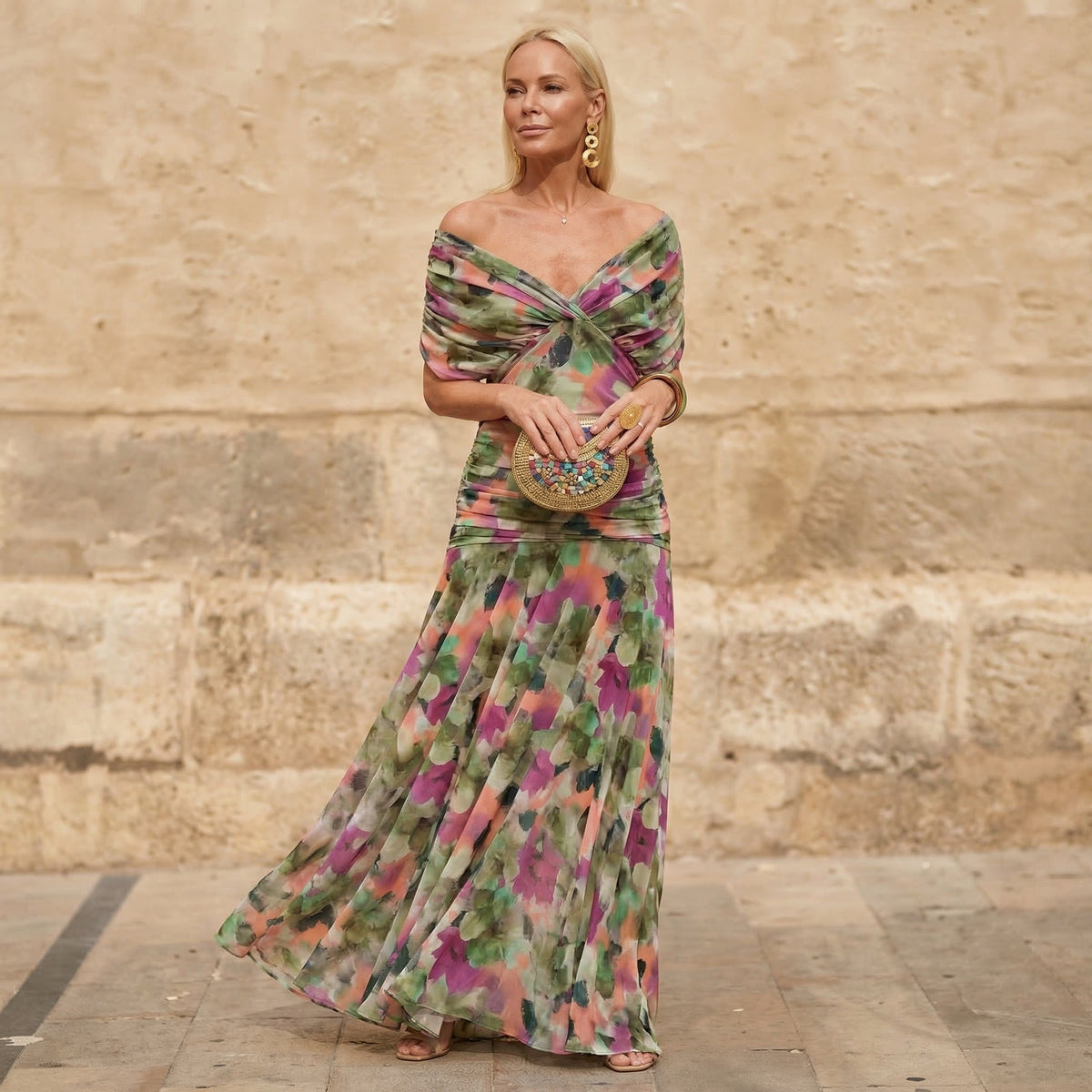 Florendra | Vestido Largo Floral con Escote en V, Romántico