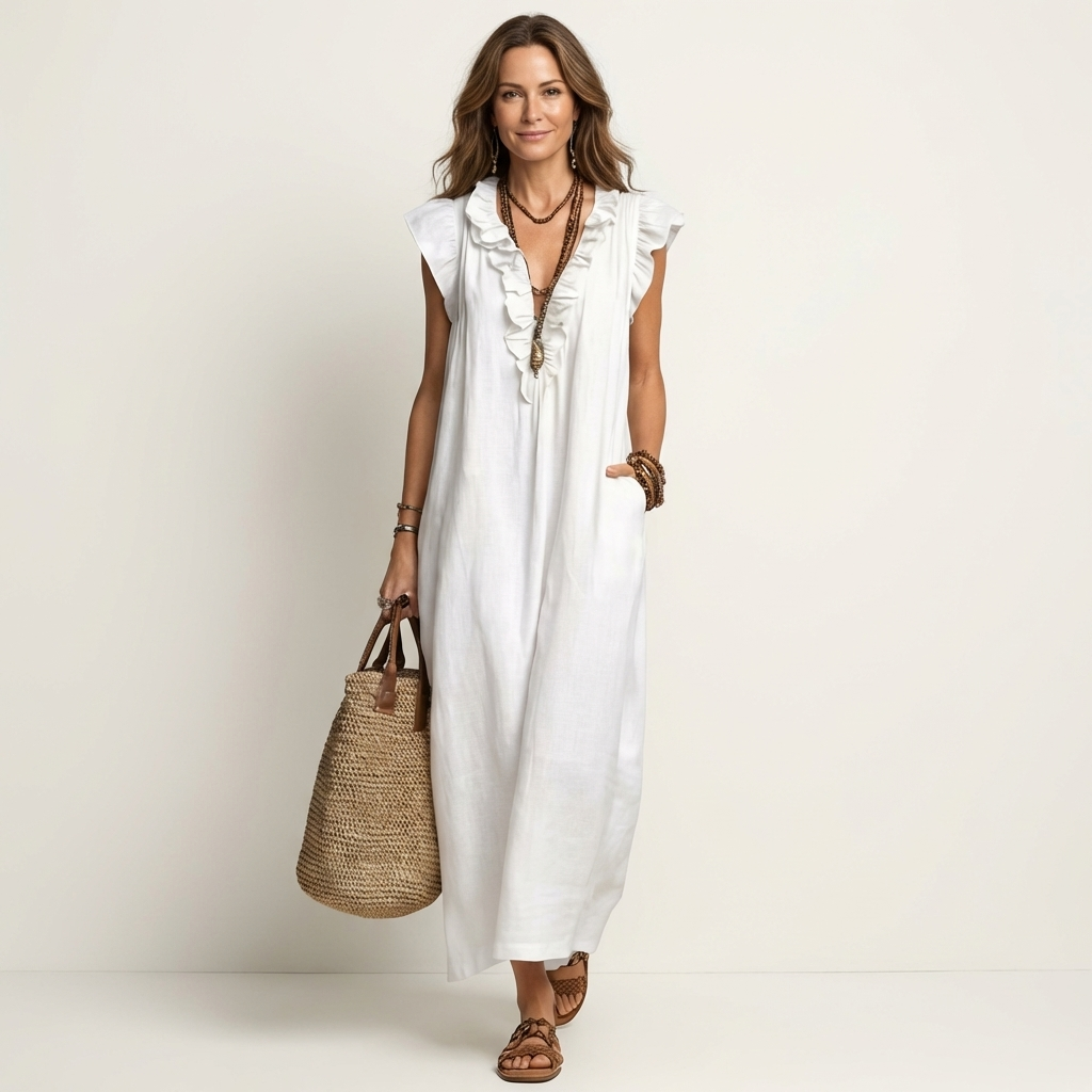 Josette | Vestido Maxi con Volantes y Escote en V, Fresco y Favorecedor