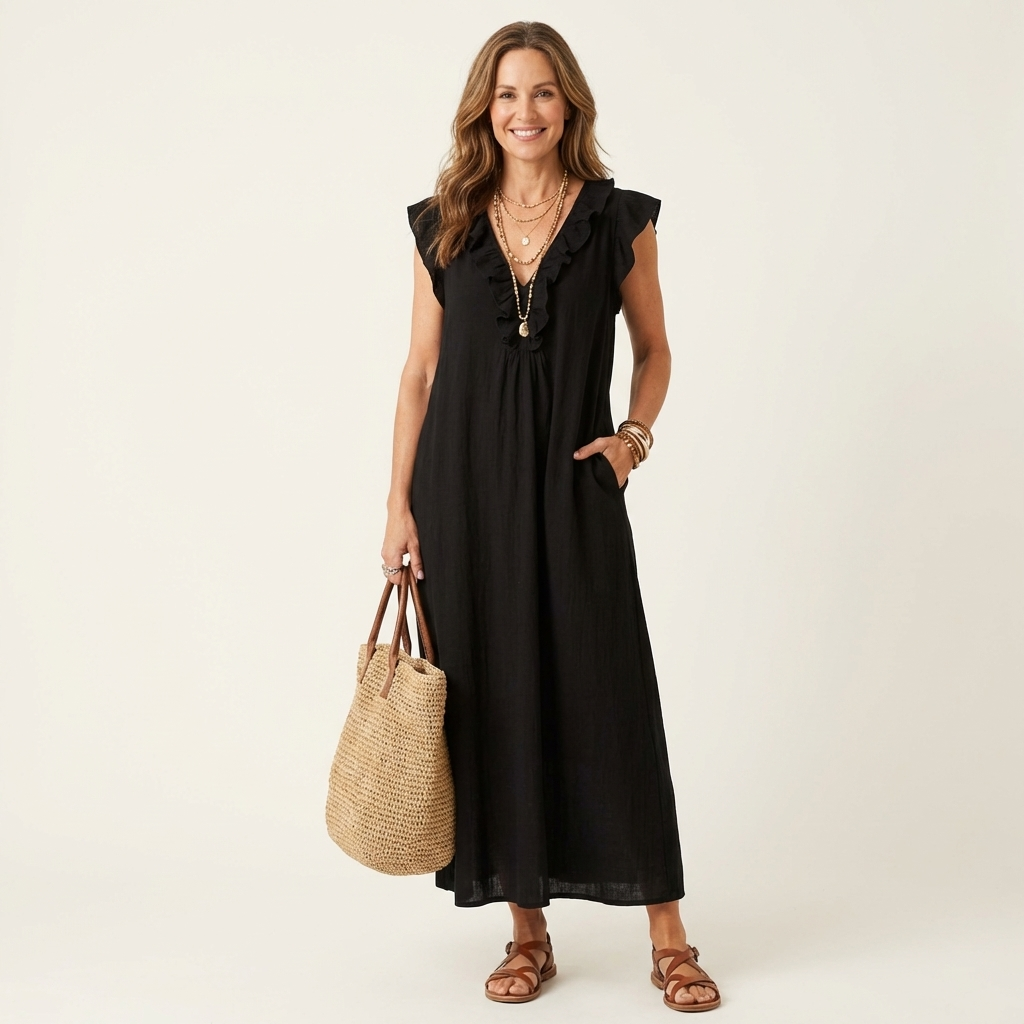 Josette | Vestido Maxi con Volantes y Escote en V, Fresco y Favorecedor