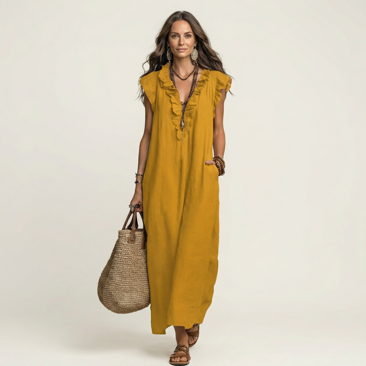 Josette | Vestido Maxi con Volantes y Escote en V, Fresco y Favorecedor