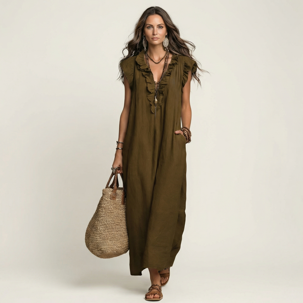 Josette | Vestido Maxi con Volantes y Escote en V, Fresco y Favorecedor