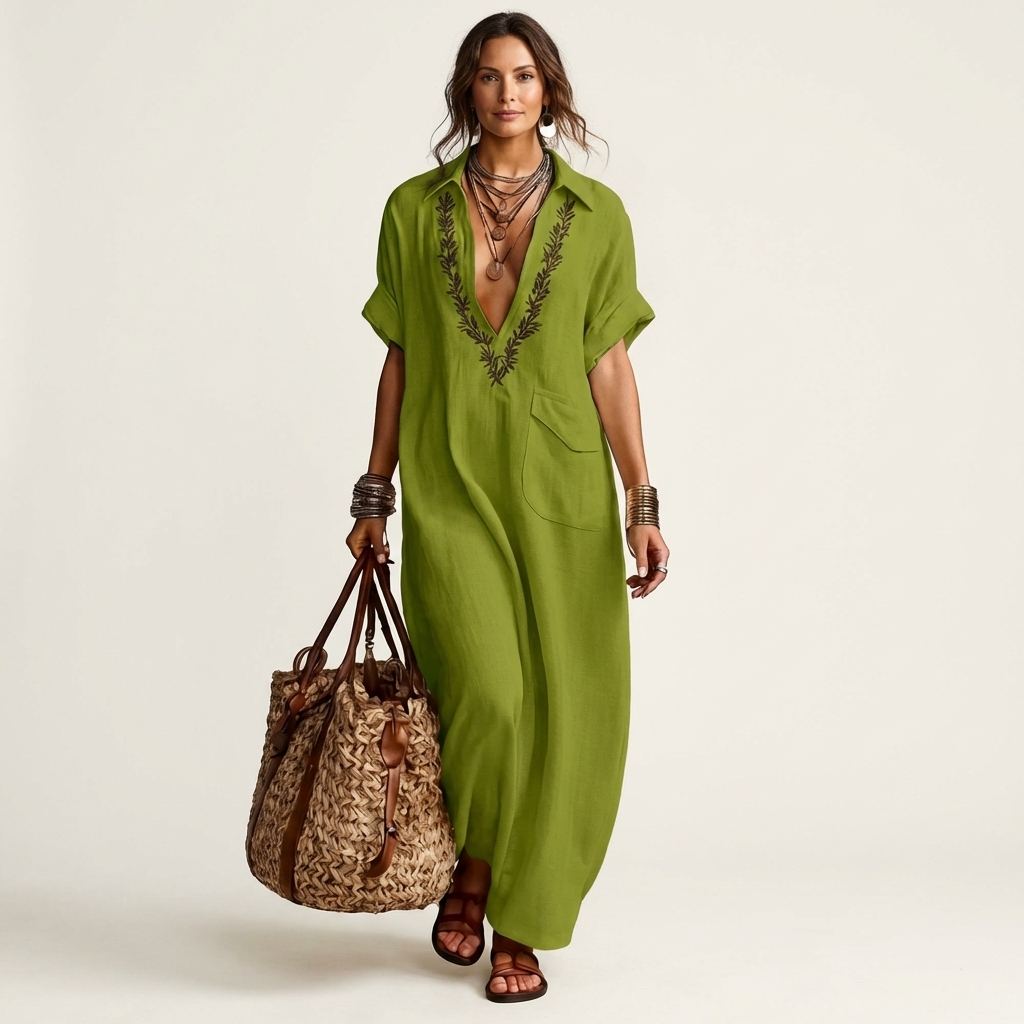 Amarina | Vestido Camisero Maxi de Lino con Bordado y Escote en V, Veraniego