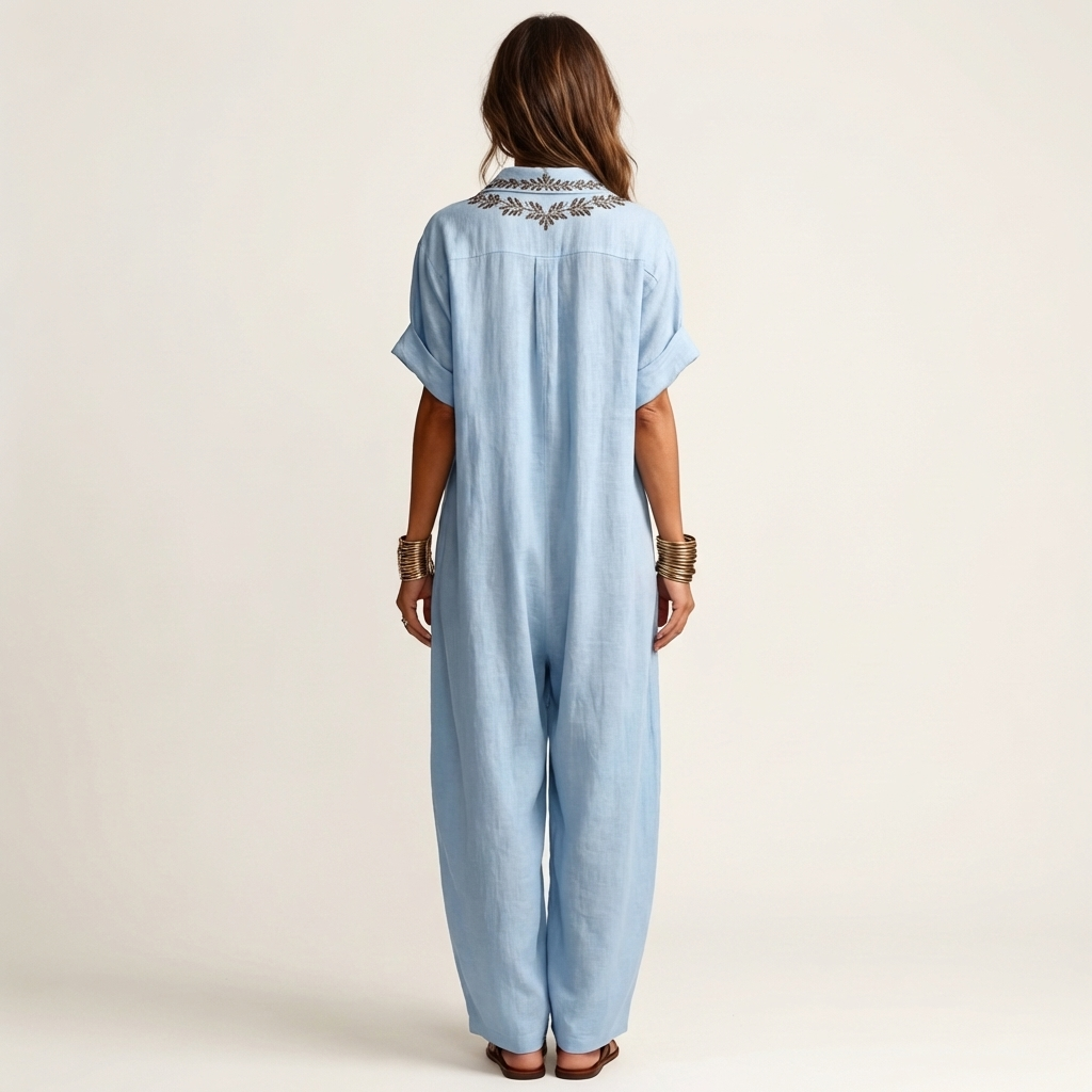Amarina | Vestido Camisero Maxi de Lino con Bordado y Escote en V, Veraniego
