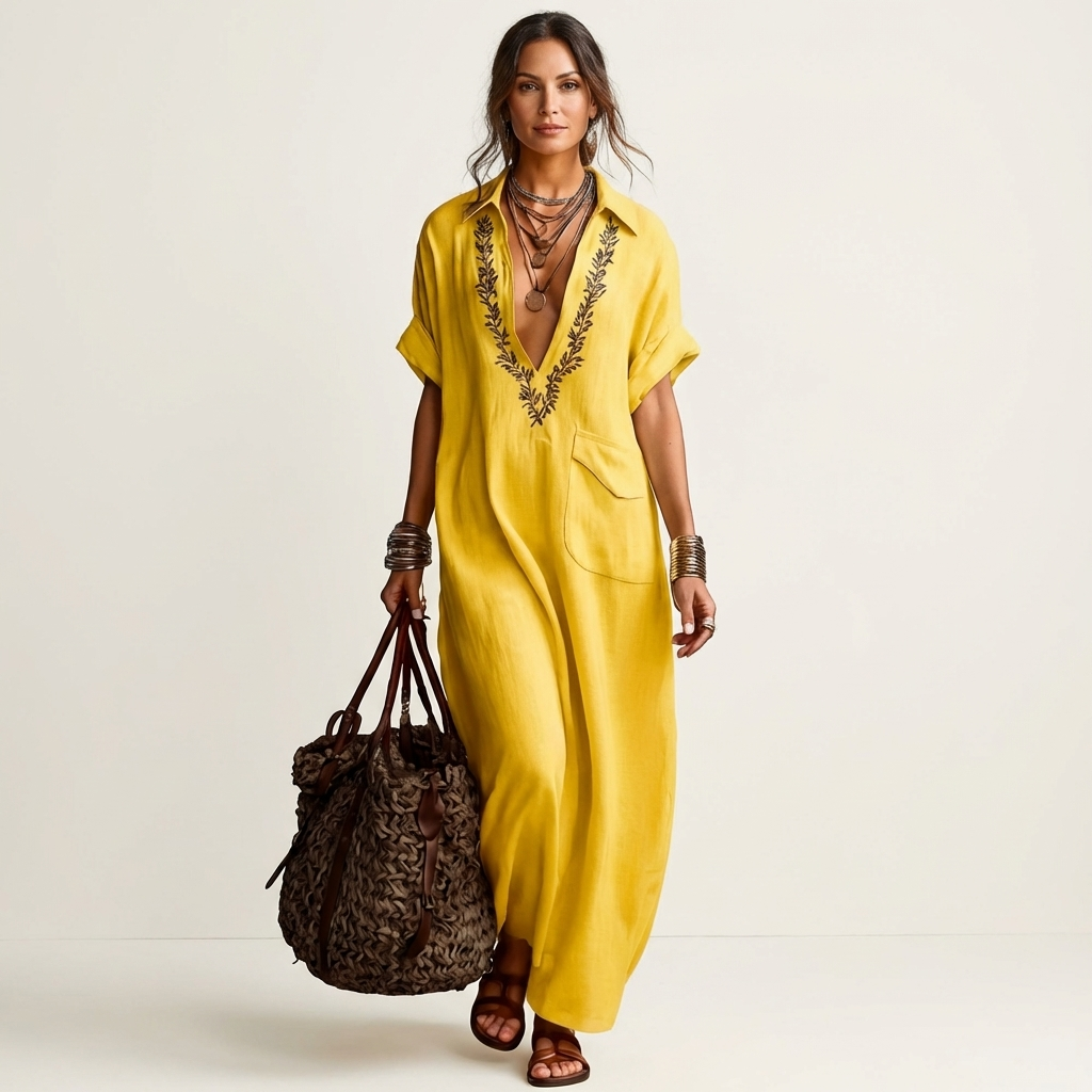 Amarina | Vestido Camisero Maxi de Lino con Bordado y Escote en V, Veraniego