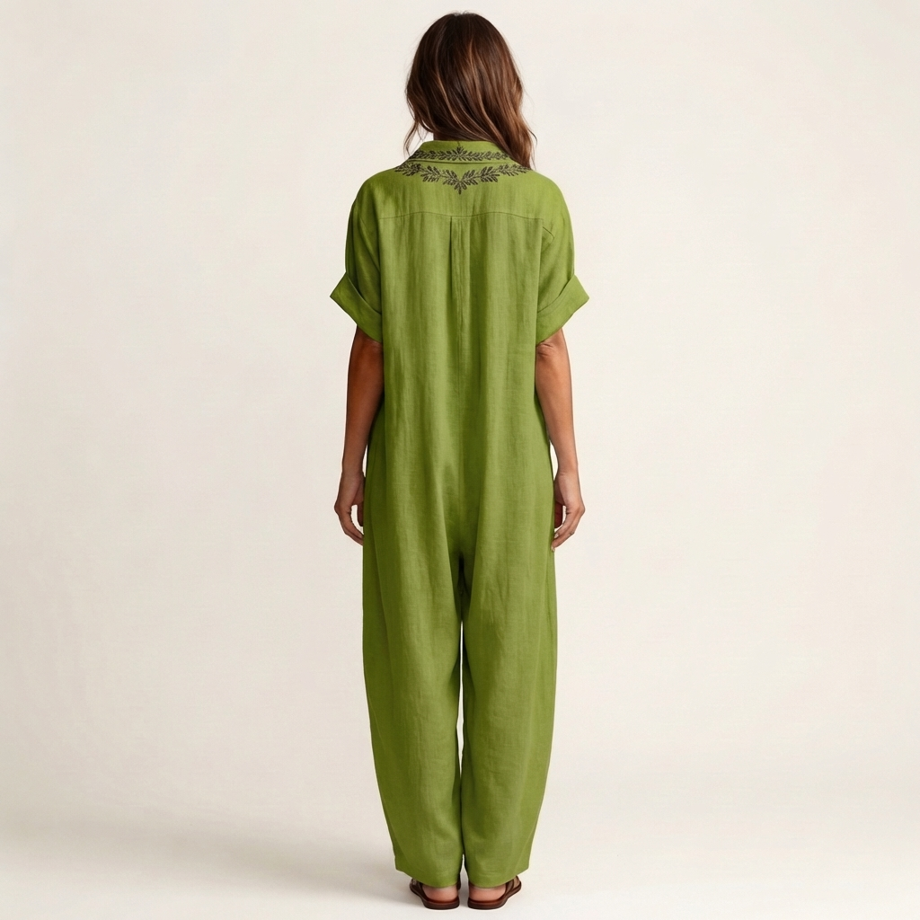 Amarina | Vestido Camisero Maxi de Lino con Bordado y Escote en V, Veraniego