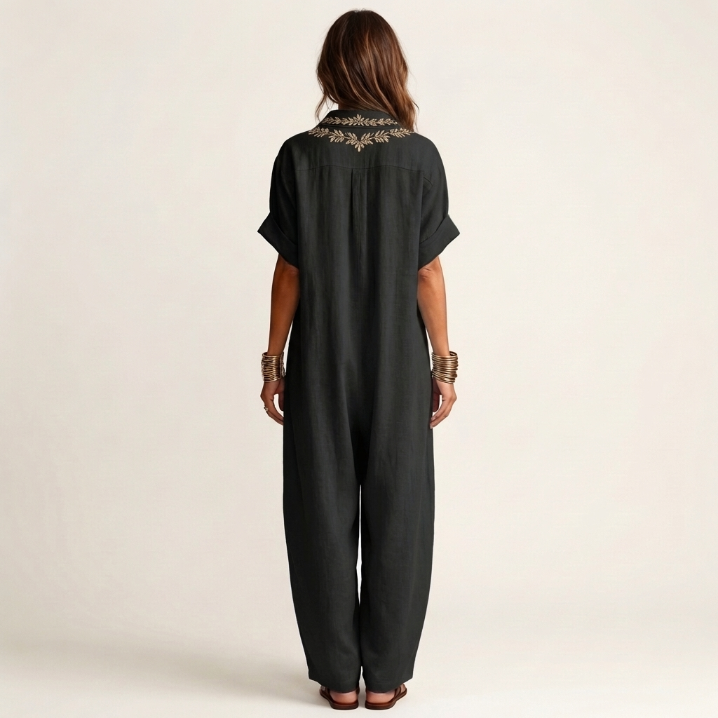 Amarina | Vestido Camisero Maxi de Lino con Bordado y Escote en V, Veraniego