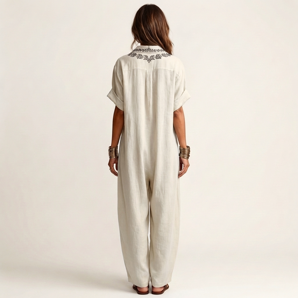 Amarina | Vestido Camisero Maxi de Lino con Bordado y Escote en V, Veraniego