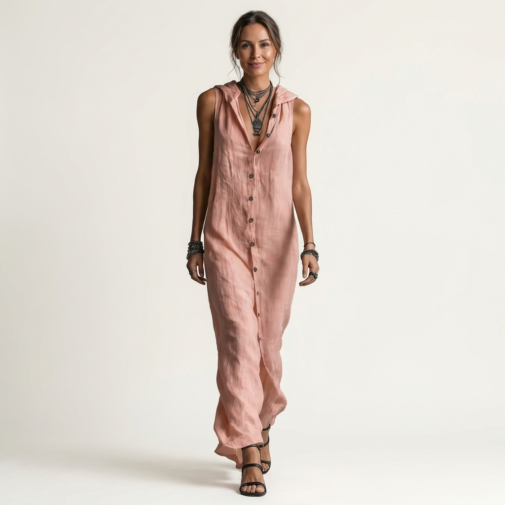 Mirabell | Vestido Maxi sin Mangas con Capucha y Botones, Versátil