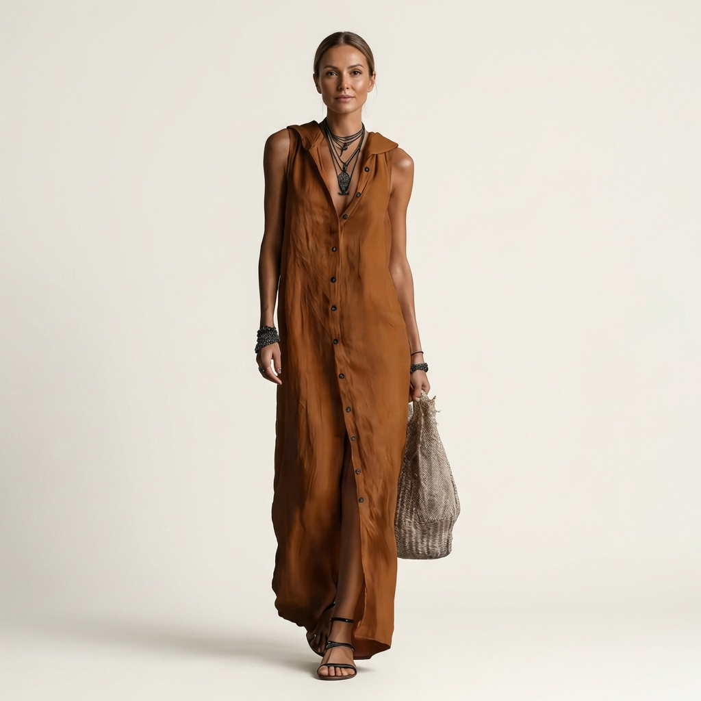 Mirabell | Vestido Maxi sin Mangas con Capucha y Botones, Versátil