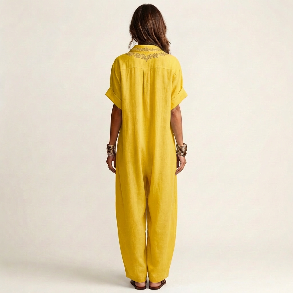 Amarina | Vestido Camisero Maxi de Lino con Bordado y Escote en V, Veraniego
