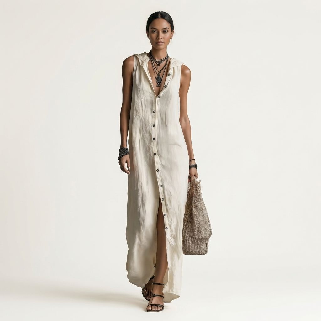 Mirabell | Vestido Maxi sin Mangas con Capucha y Botones, Versátil