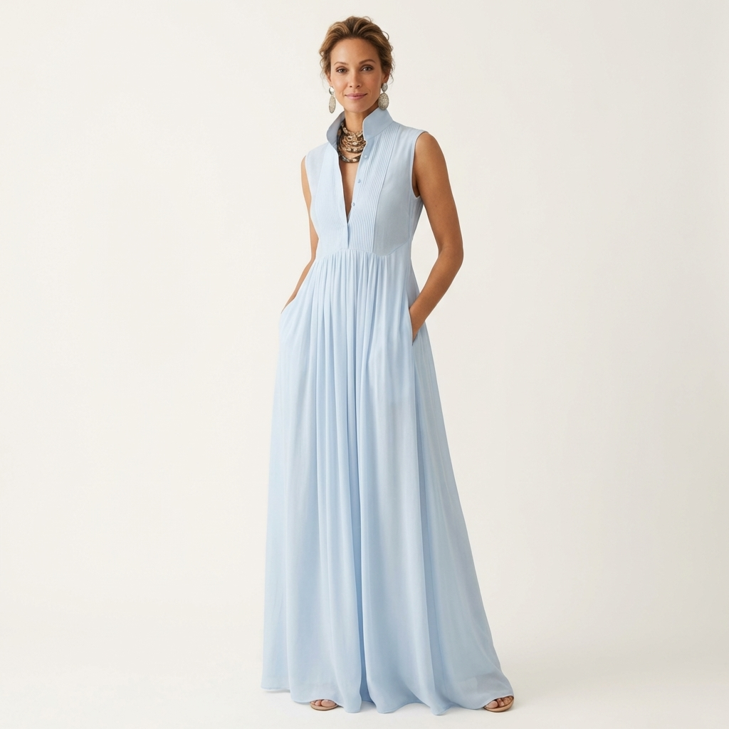 Clarisa | Vestido Maxi Plisado sin Mangas con Cuello Mao y Bolsillos