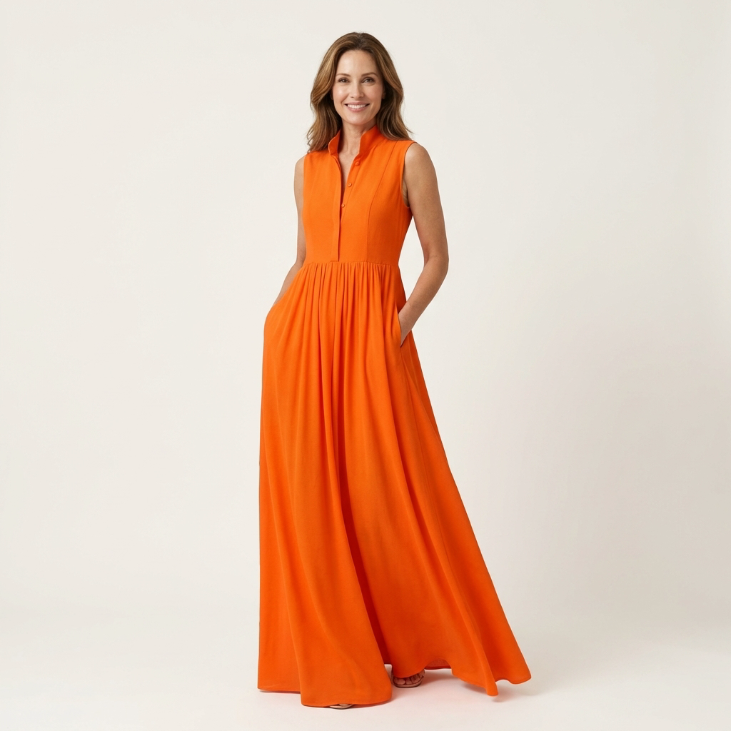 Clarisa | Vestido Maxi Plisado sin Mangas con Cuello Mao y Bolsillos