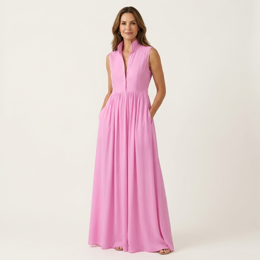 Clarisa | Vestido Maxi Plisado sin Mangas con Cuello Mao y Bolsillos