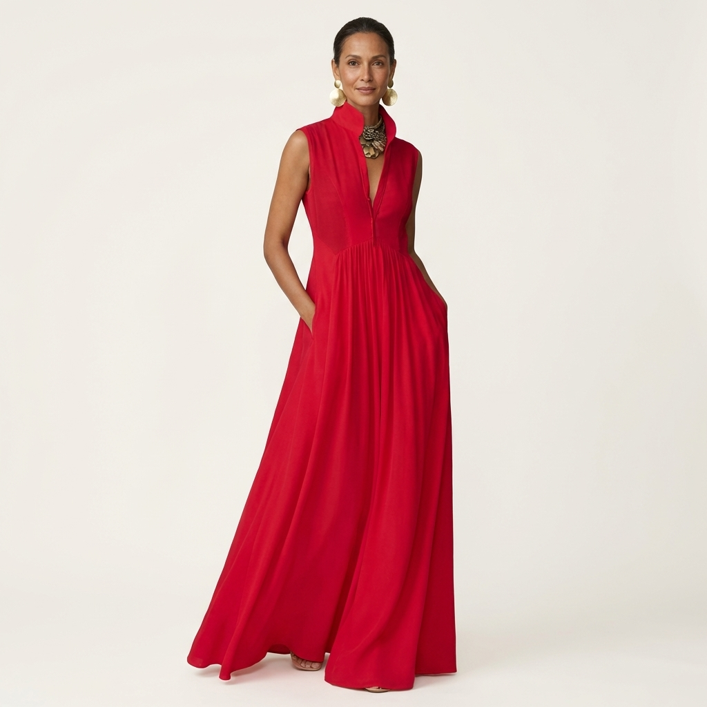 Clarisa | Vestido Maxi Plisado sin Mangas con Cuello Mao y Bolsillos
