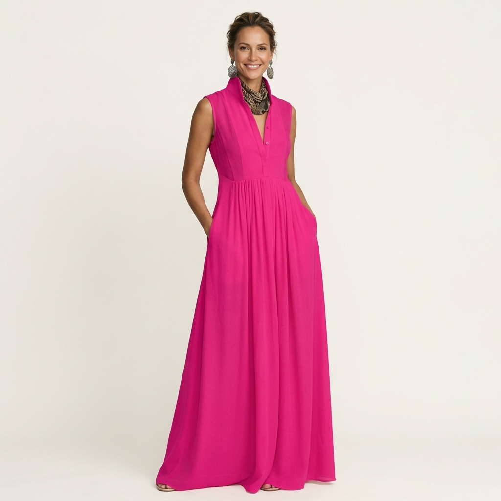 Clarisa | Vestido Maxi Plisado sin Mangas con Cuello Mao y Bolsillos