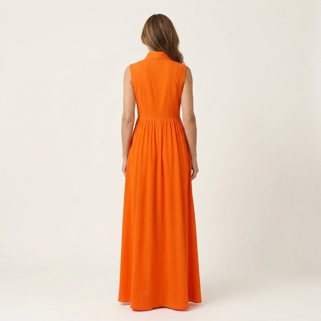 Clarisa | Vestido Maxi Plisado sin Mangas con Cuello Mao y Bolsillos