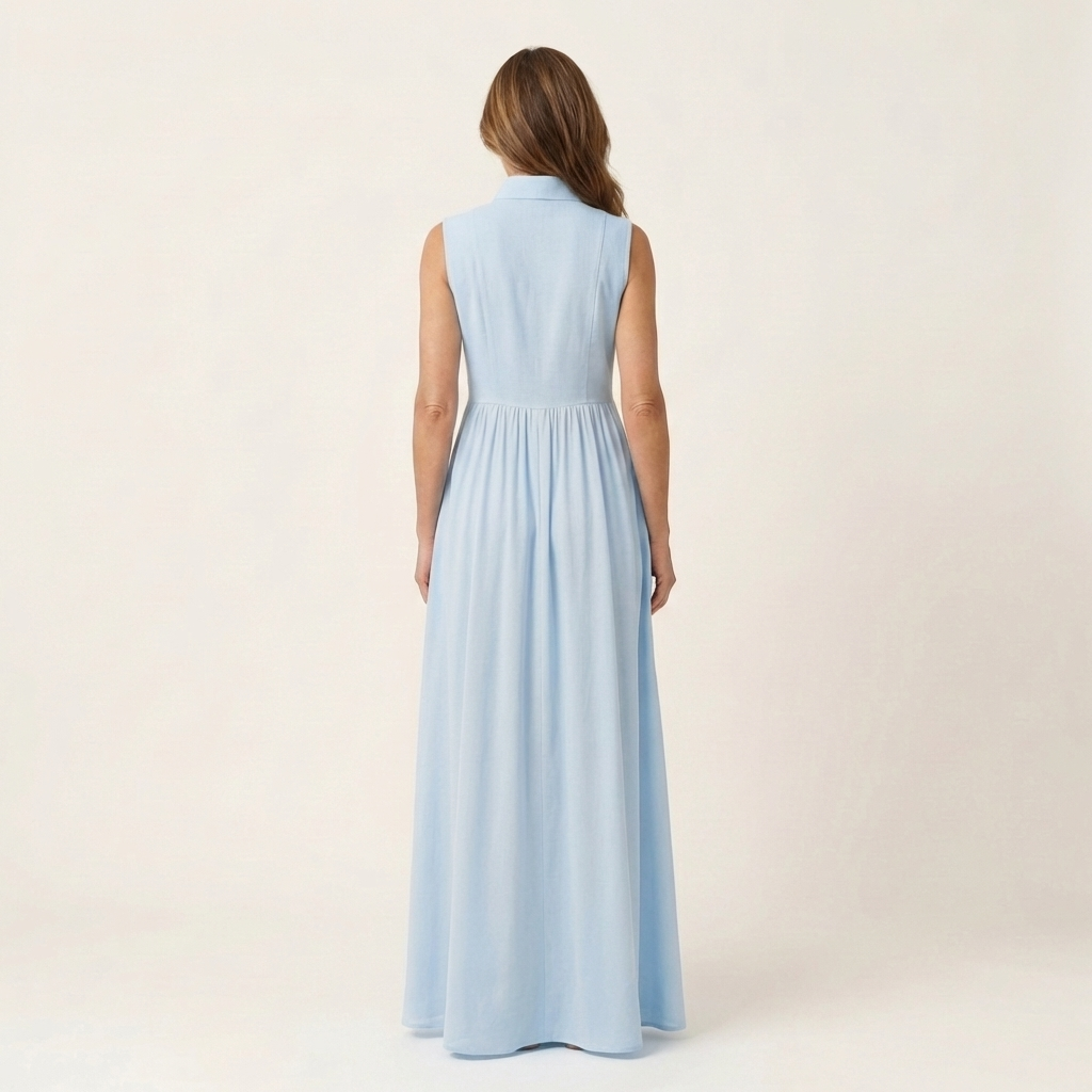 Clarisa | Vestido Maxi Plisado sin Mangas con Cuello Mao y Bolsillos