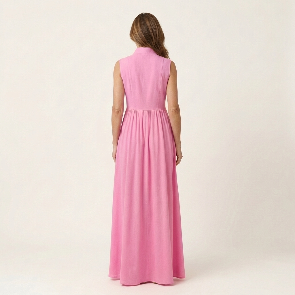 Clarisa | Vestido Maxi Plisado sin Mangas con Cuello Mao y Bolsillos